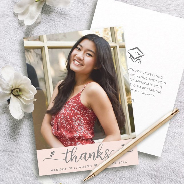 Blush Pink Abschluss Foto Moderne Skriptherzen Dankeskarte (Von Creator hochgeladen)