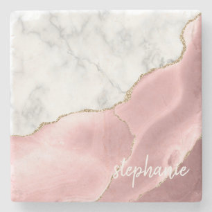Blush Pink Achat Signatur Weißer Marmor Gold Steinuntersetzer