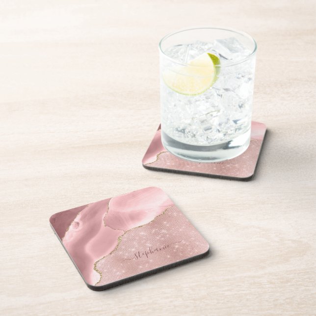 Blush Pink Agate Sparkle Glam Monogram Getränkeuntersetzer (Rechte Seite)