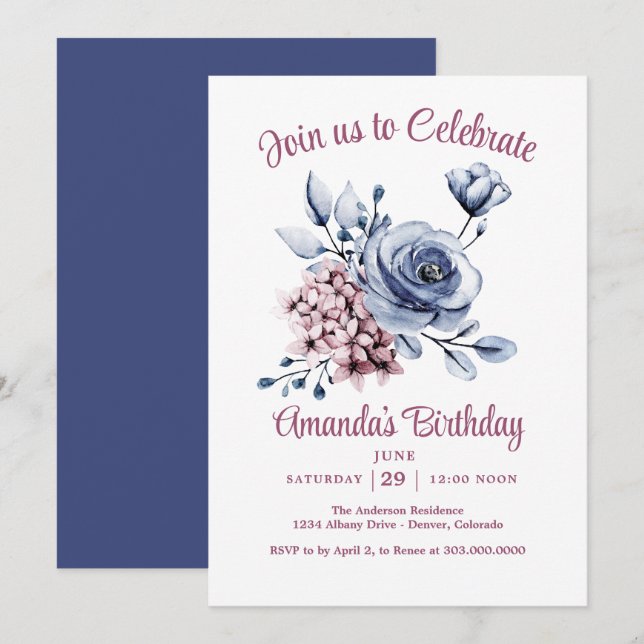 Blush Pink and Blue Roses Birthday Party Einladung (Vorne/Hinten)