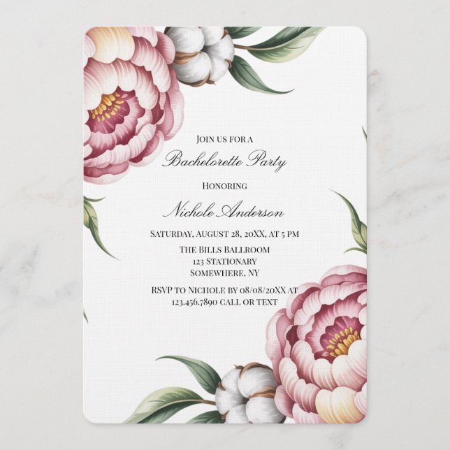 Blush Pink and Cotton Bachelorette Party Einladung (Vorderseite)