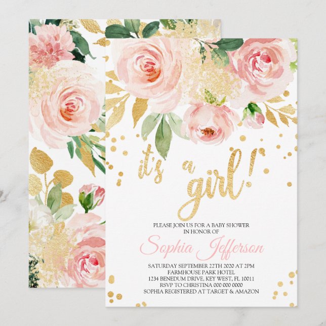 Blush Pink and Gold Baby Dusche Einladung (Vorne/Hinten)