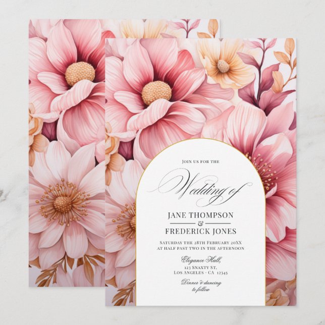 Blush Pink and Gold Floral Wedding Einladung (Vorne/Hinten)