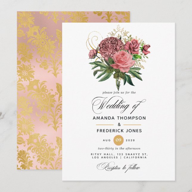 Blush Pink and Gold Floral Wedding Einladung (Vorne/Hinten)