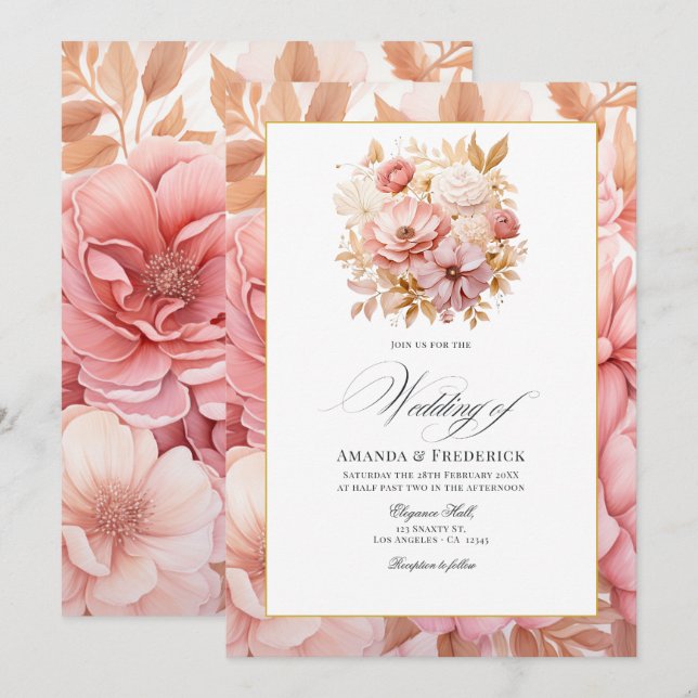 Blush Pink and Gold Floral Wedding Einladung (Vorne/Hinten)