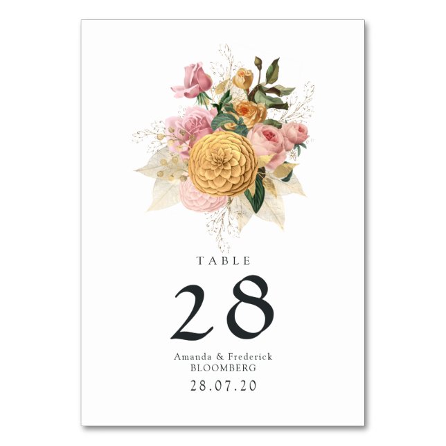 Blush Pink and Gold Floral Wedding Tischnummer (Vorderseite)