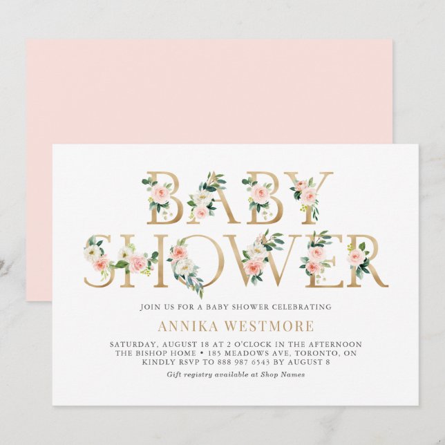 Blush Pink and Gold Foil Floral Girl Babydusche Einladung (Vorne/Hinten)