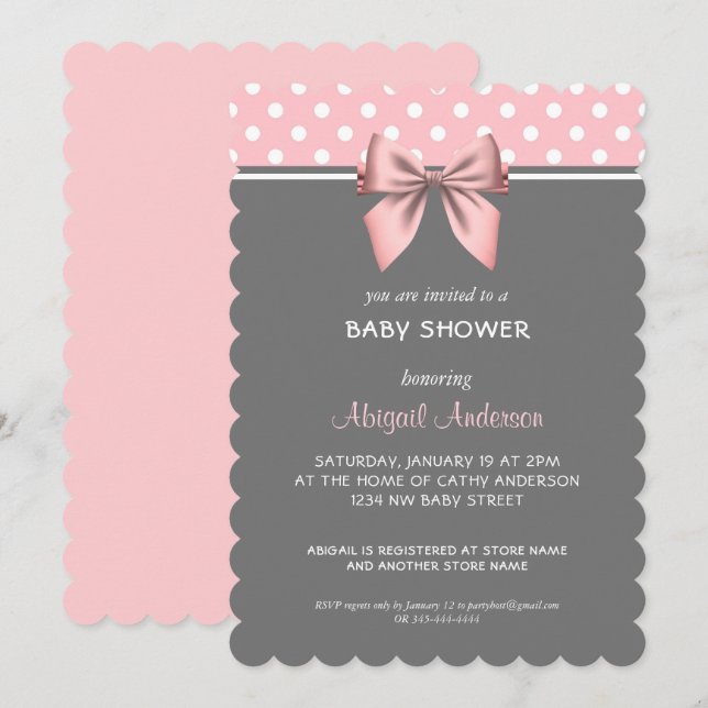 Blush Pink and Grey Polka Dot Bow Baby Showdusche  Einladung (Vorne/Hinten)