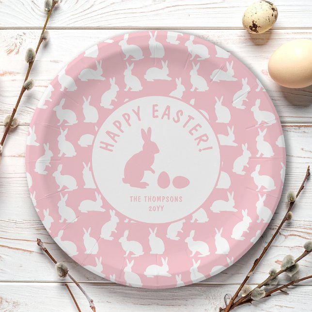Blush Pink And White Bunny Pattern Happy Easter Pappteller (Von Creator hochgeladen)