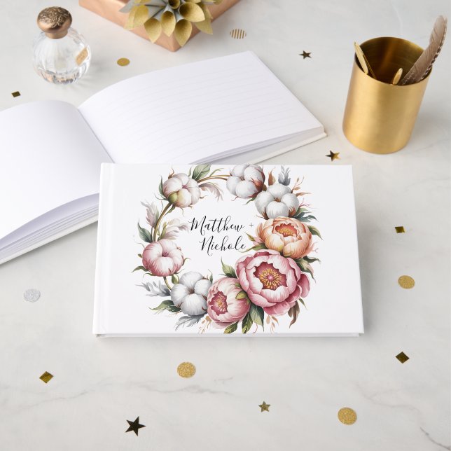 Blush Pink and White Cotton Wedding Gästebuch (Vorderseite Offen)
