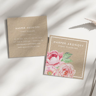 Blush Pink Antiquitätenpeony   Kraft Quadratische Visitenkarte