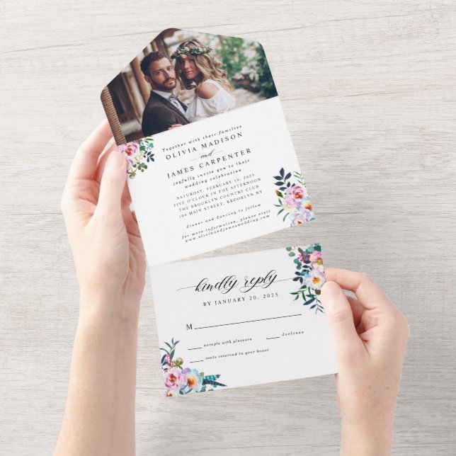 Blush Pink Aquamarin Greenery Foto Hochzeit All In One Einladung (Abreißen)