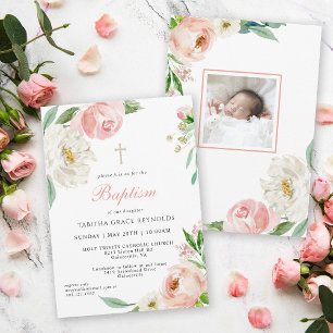 Blush Pink Aquarell Bloral Baby Taufe Einladung