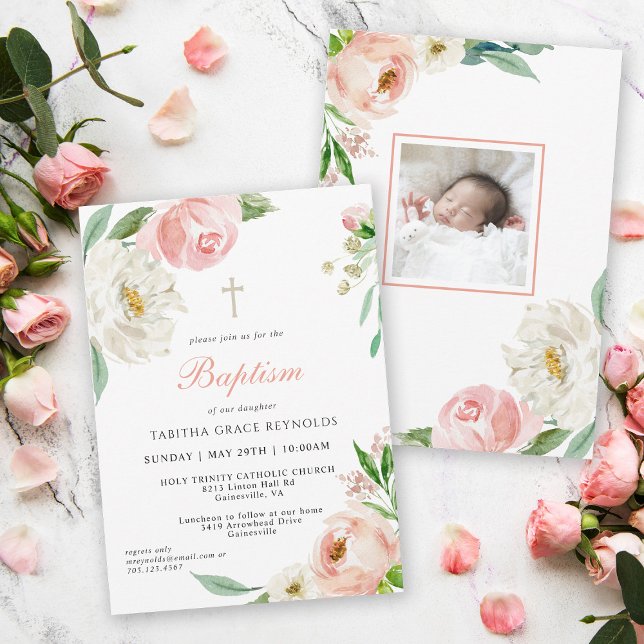 Blush Pink Aquarell Bloral Baby Taufe Einladung (Soft blush pink florals accent this Baptism invitation with photo template for your baby's photo.)
