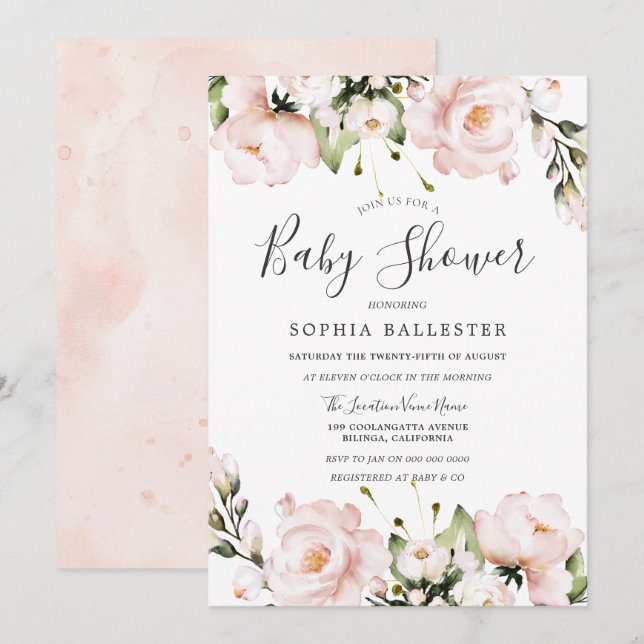 Blush Pink Aquarell Blume Kinderdusche Einladung (Vorne/Hinten)