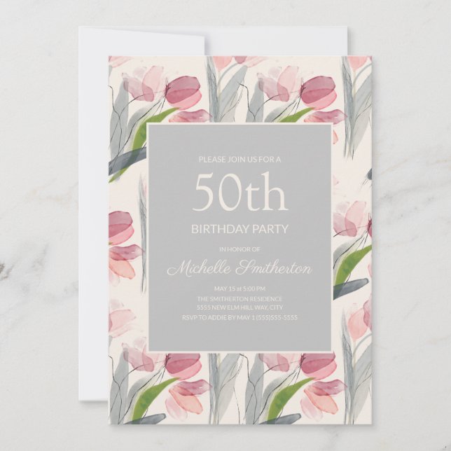 Blush Pink Aquarell Blume Tulips 50. Geburtstag Einladung (Vorderseite)