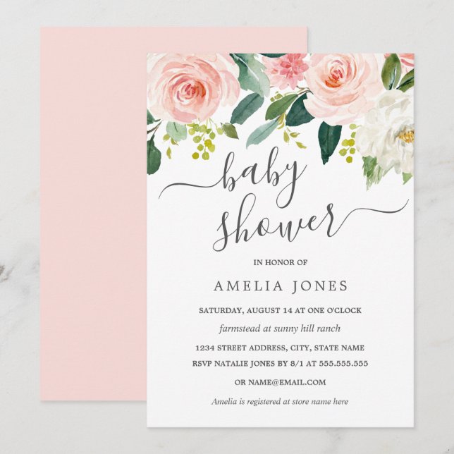 Blush Pink Aquarell Blumendusche Einladung (Vorne/Hinten)