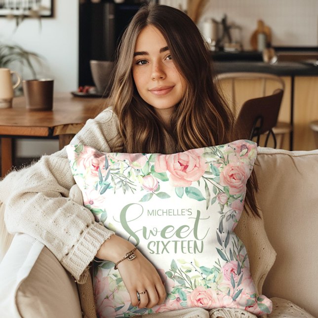 Blush Pink Aquarell Blumensüß 16 Kissen (Blush pink watercolor floral Sweet 16 pillow)