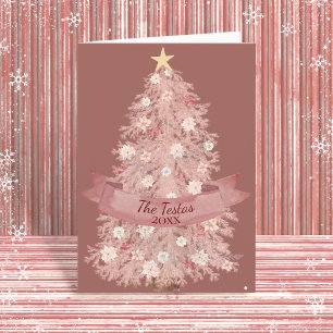 Blush Pink Aquarell Blumenweihnachtsbaum geklappt Feiertagskarte
