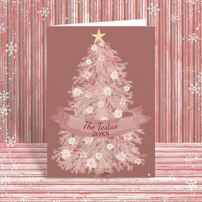 Blush Pink Aquarell Blumenweihnachtsbaum geklappt Feiertagskarte (Von Creator hochgeladen)