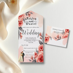 Blush Pink Aquarell Blütenbraun & Groom Hochzeit All In One Einladung