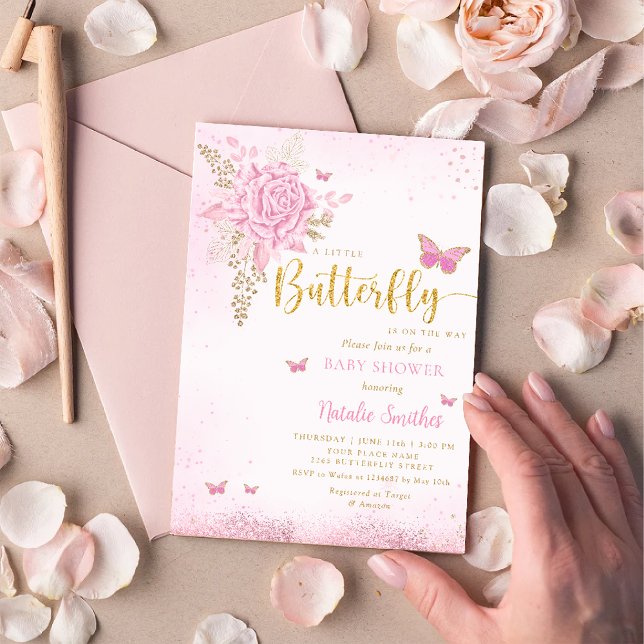 Blush Pink Aquarell Butterfly Girl Babydusche Einladung (Von Creator hochgeladen)