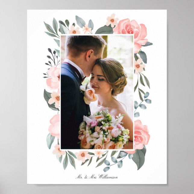 Blush Pink Aquarell Rose und Grünpflanzen Poster (Vorne)