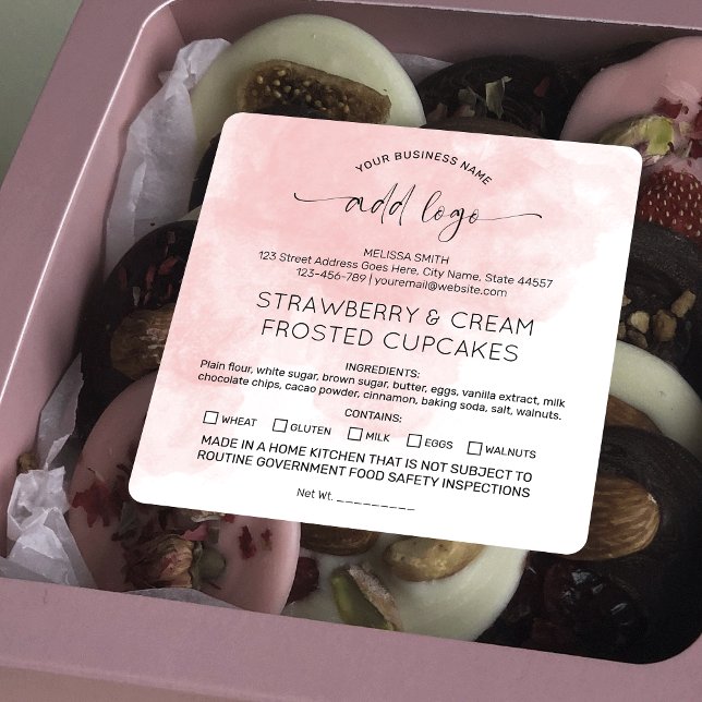 Blush Pink Aquarell Zuhause Bakery Lebensmittelzut Quadratischer Aufkleber (Pale pink watercolor made in a home kitchen stickers with space for your logo)