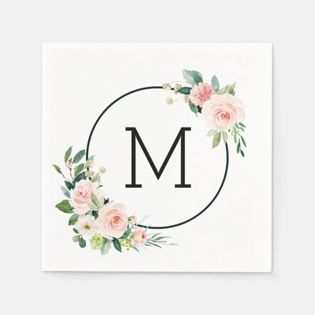 Blush Pink Aquarellblutmonogramm Serviette (Vorderseite)