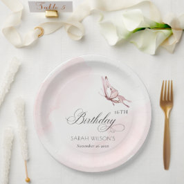 Blush Pink Aquarellbutterfly jedes Alter Geburtsta Pappteller