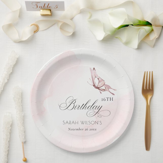 Blush Pink Aquarellbutterfly jedes Alter Geburtsta Pappteller (Hochzeit)