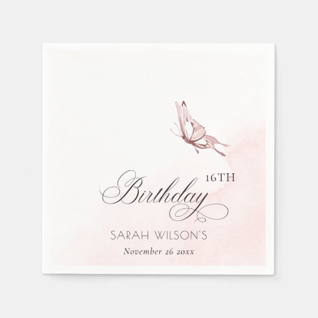 Blush Pink Aquarellbutterfly jedes Alter Geburtsta Serviette (Vorderseite)