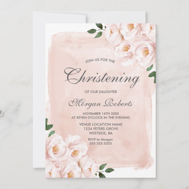 Blush Pink Aquarellfarben Blume Christine Taufe Einladung (Vorderseite)