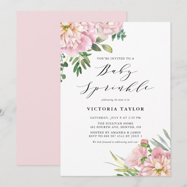 Blush Pink Aquarellfarben Rose Bloral Baby Sprinkl Einladung (Vorne/Hinten)
