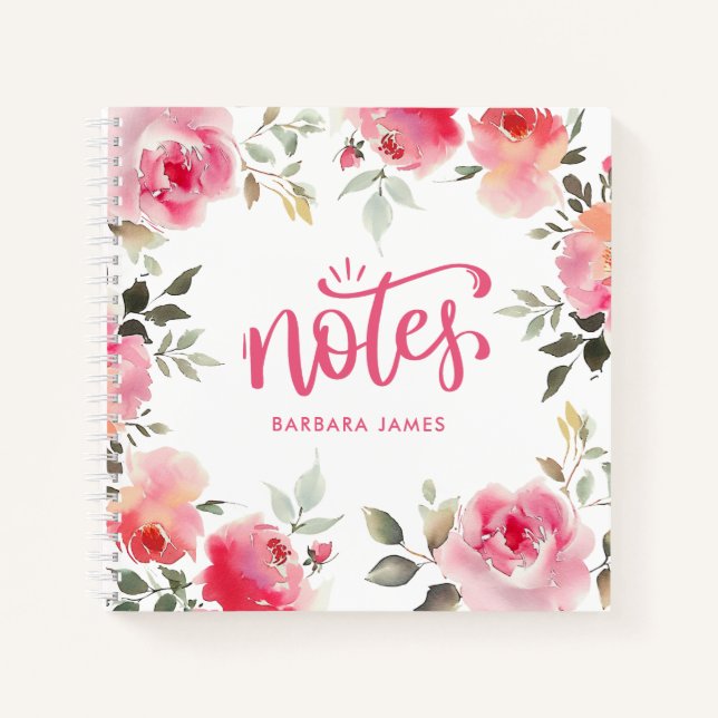Blush Pink Aquarellfarben Rose Peonys Personalisie Notizbuch (Vorderseite)