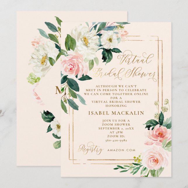 Blush Pink Aquarellfarben Virtual Brautparty Einladung (Vorne/Hinten)