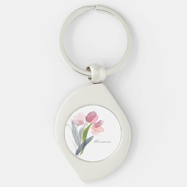 Blush Pink Aquarelltüten Bläsertulpen Weißer Name Schlüsselanhänger (Vorderseite)