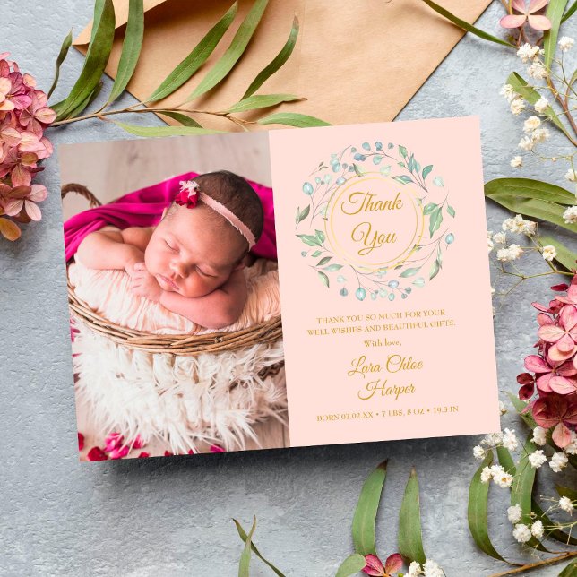 Blush Pink Baby Foto Greenerity Danke für Ihre Geb Ankündigungspostkarte (Von Creator hochgeladen)