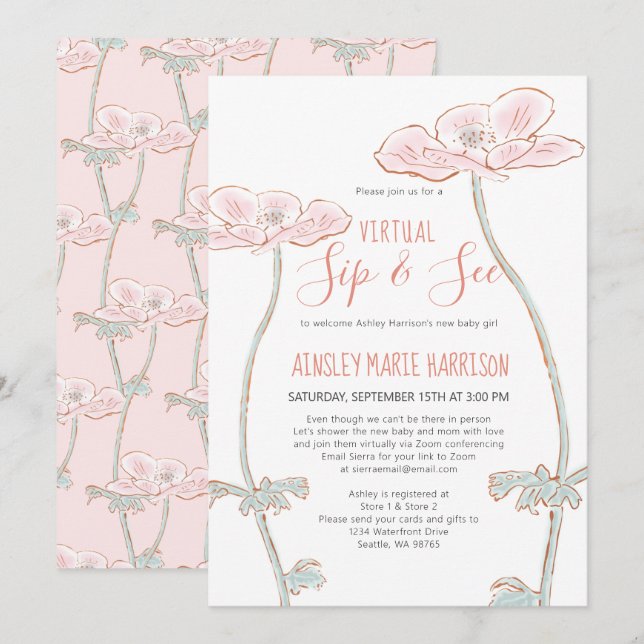 Blush Pink Baby Girl Virtual Baby Dusche Einladung (Vorne/Hinten)