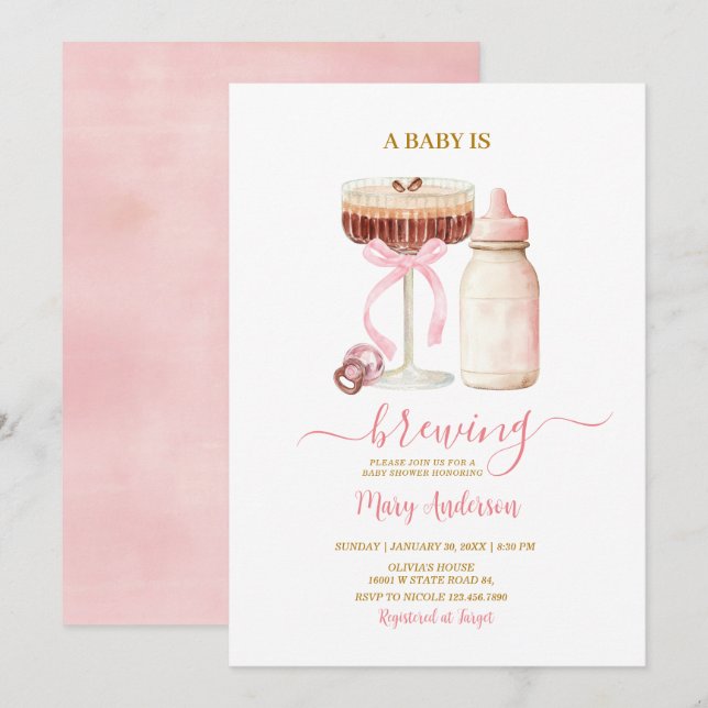 Blush Pink Baby Is Brewing Milk Bottle Baby Shower Einladung (Vorne/Hinten)