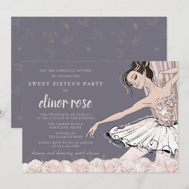 Blush Pink Ballerina Sweet 16 Party Einladung (Vorne/Hinten)