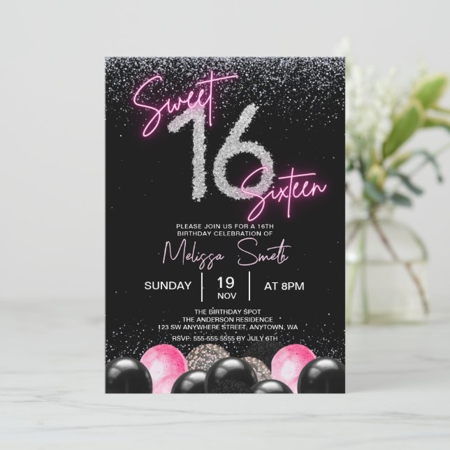 Blush Pink Ballon Diamonds Sweet 16 16 Birth Einladung (Stehend Vorderseite)
