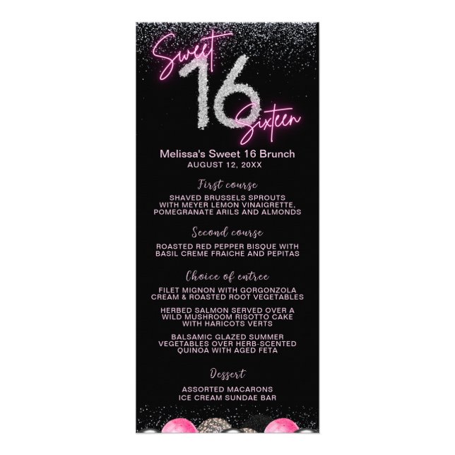 Blush Pink Ballon Diamonds Sweet 16 Sechzehn Menü (Vorne)