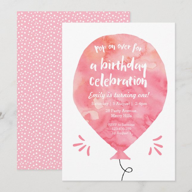 Blush Pink Ballon Geburtstag Einladung (Vorne/Hinten)