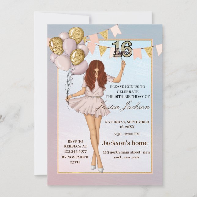 Blush Pink Balloons Rose Gold 16 . Geburtstag Einladung (Vorderseite)