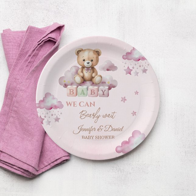 Blush Pink Bear Clouds Baby Girl Dusche Pappteller (Von Creator hochgeladen)