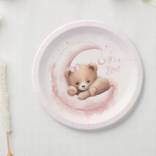 Blush Pink Bear Girl Babydusche Pappteller (Personalize with your text.)