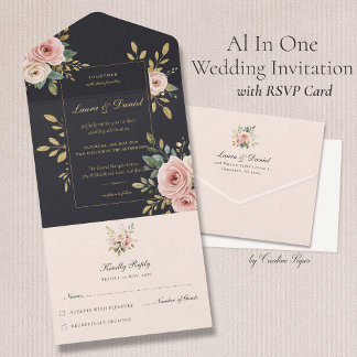 Blush Pink & Black All-In-One Wedding Invitation All In One Einladung