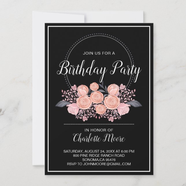 Blush Pink Black Birthday Party Einladung (Vorderseite)