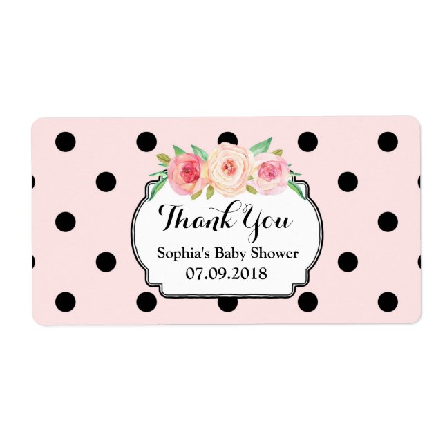Blush Pink Black Dots Floral Baby Dusche Labels (Vorne)